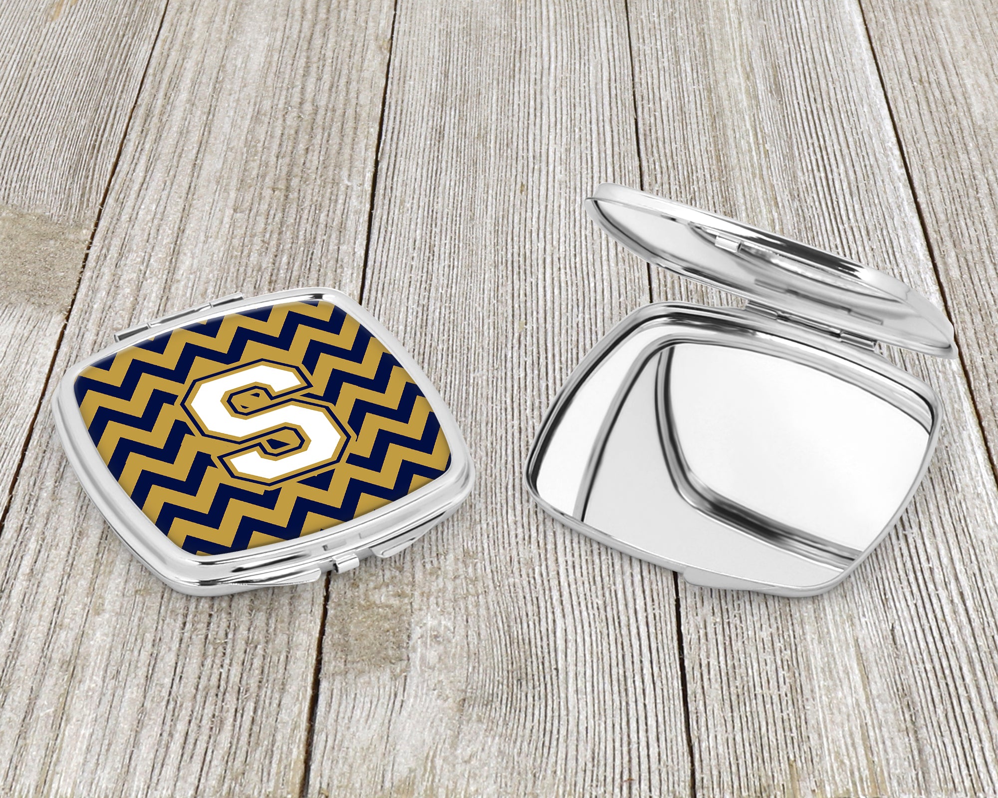 Letter S Chevron Navy Blue and Gold Compact Mirror CJ1057-SSCM