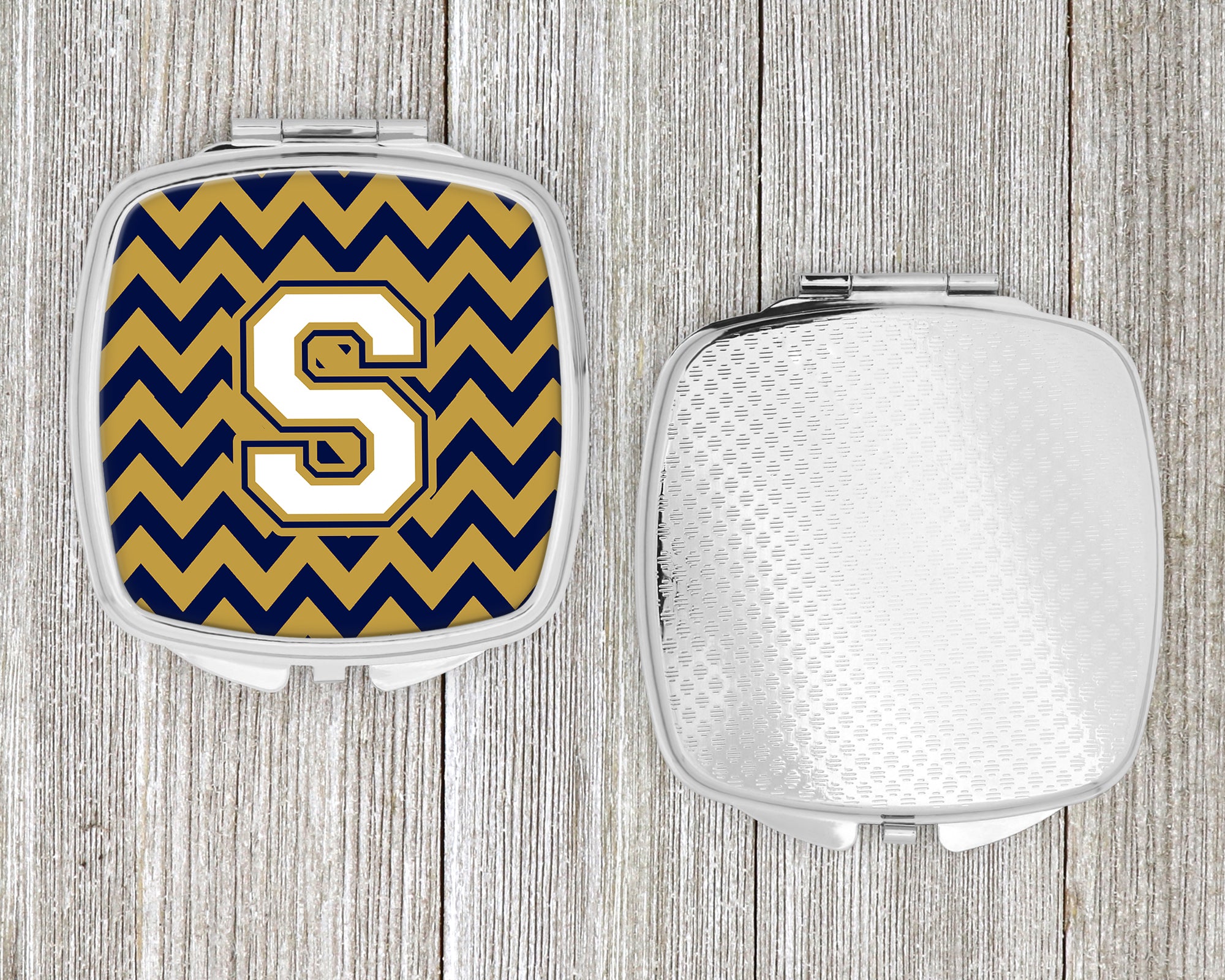 Letter S Chevron Navy Blue and Gold Compact Mirror CJ1057-SSCM  the-store.com.