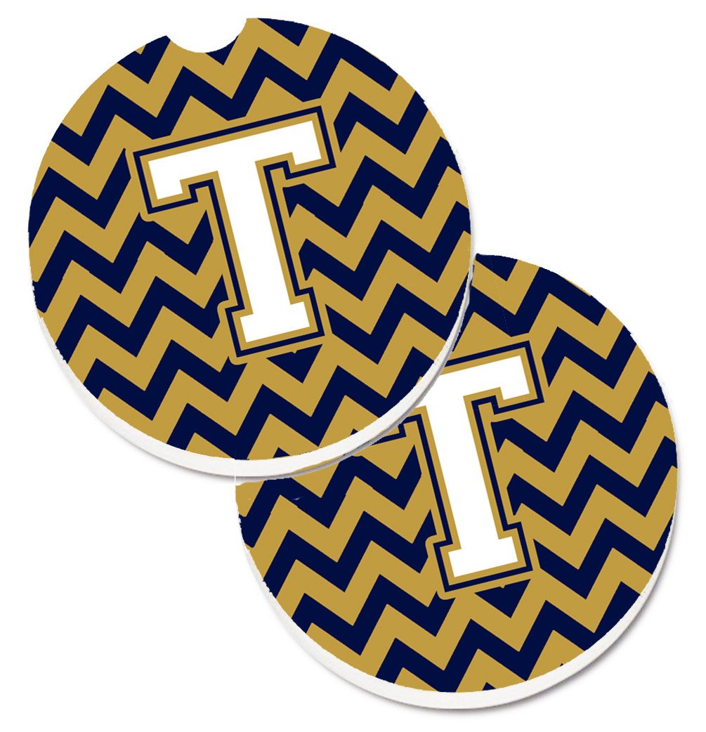 Letter T Chevron Navy Blue and Gold Set of 2 Cup Holder Car Coasters CJ1057-TCARC by Caroline&#39;s Treasures