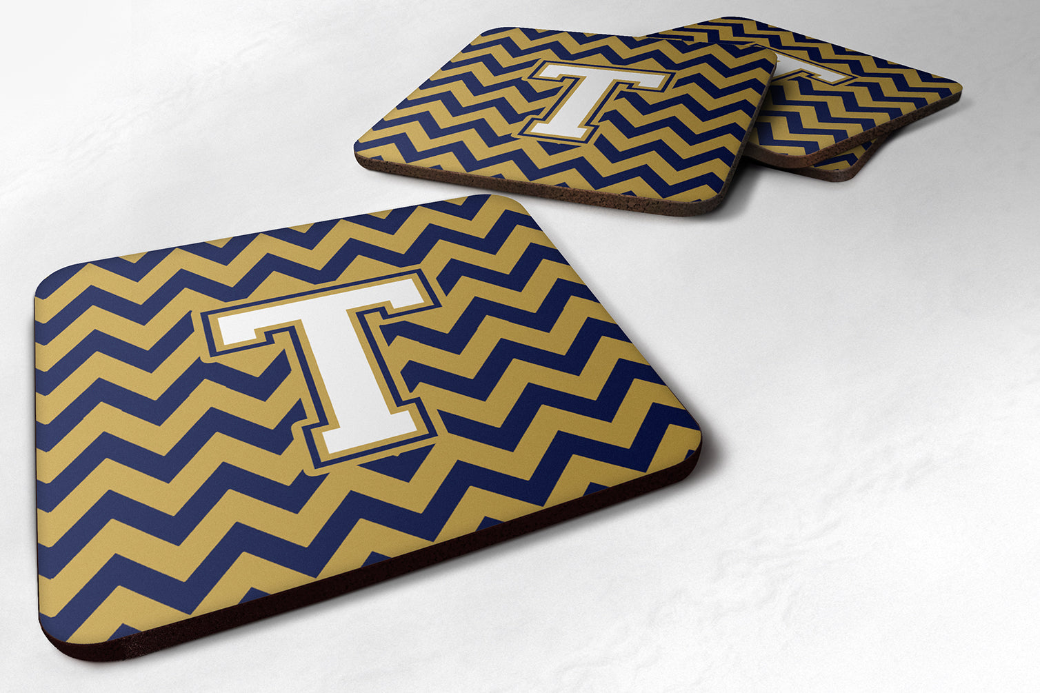 Letter T Chevron Navy Blue and Gold Foam Coaster Set of 4 CJ1057-TFC - the-store.com