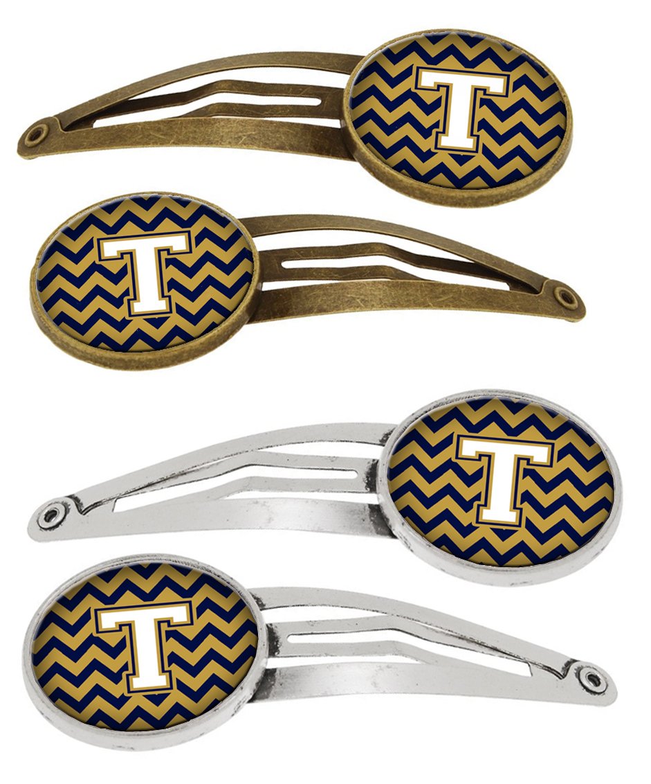 Letter T Chevron Navy Blue and Gold Set of 4 Barrettes Hair Clips CJ1057-THCS4 by Caroline&#39;s Treasures