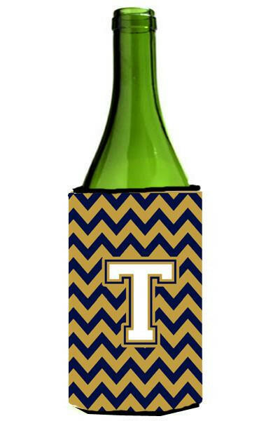 Letter T Chevron Navy Blue and Gold Wine Bottle Beverage Insulator Hugger CJ1057-TLITERK by Caroline&#39;s Treasures
