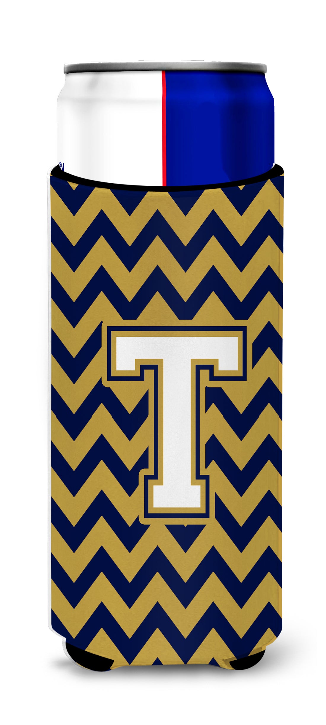 Letter T Chevron Navy Blue and Gold Ultra Beverage Insulators for slim cans CJ1057-TMUK