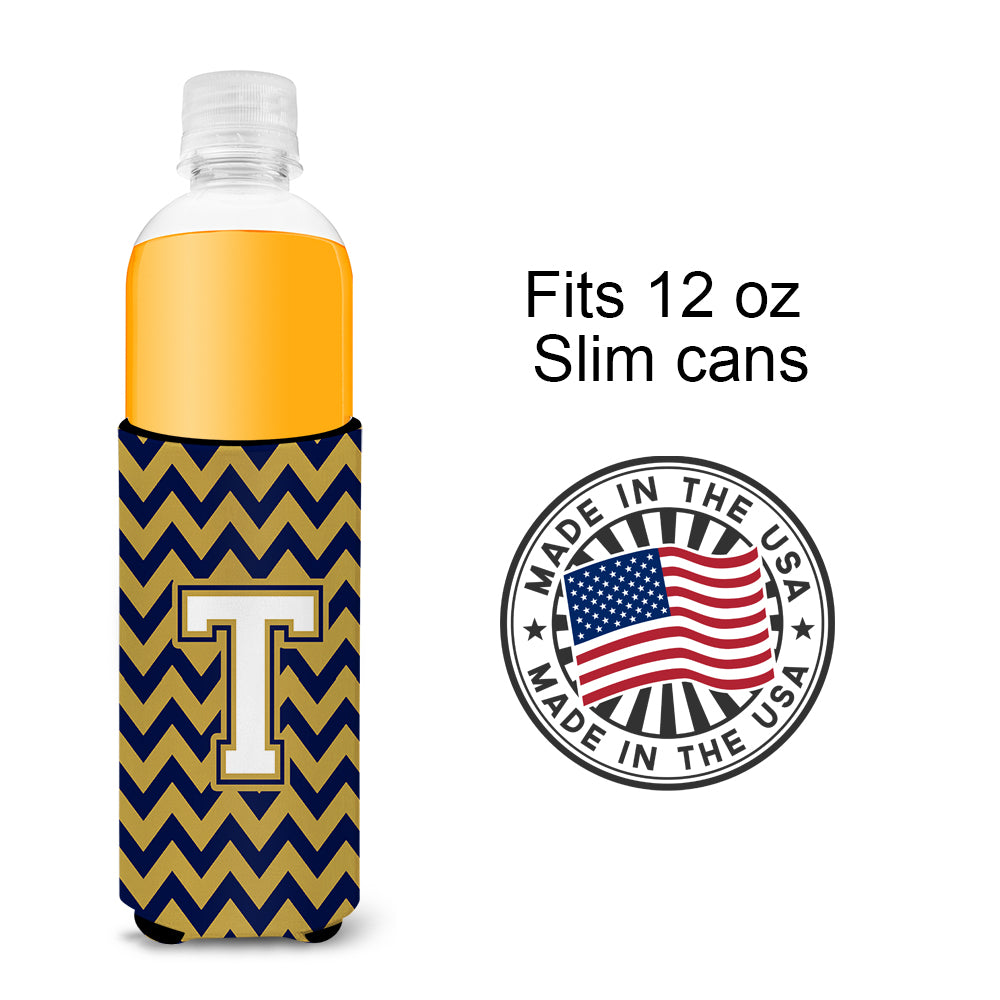 Letter T Chevron Navy Blue and Gold Ultra Beverage Insulators for slim cans CJ1057-TMUK