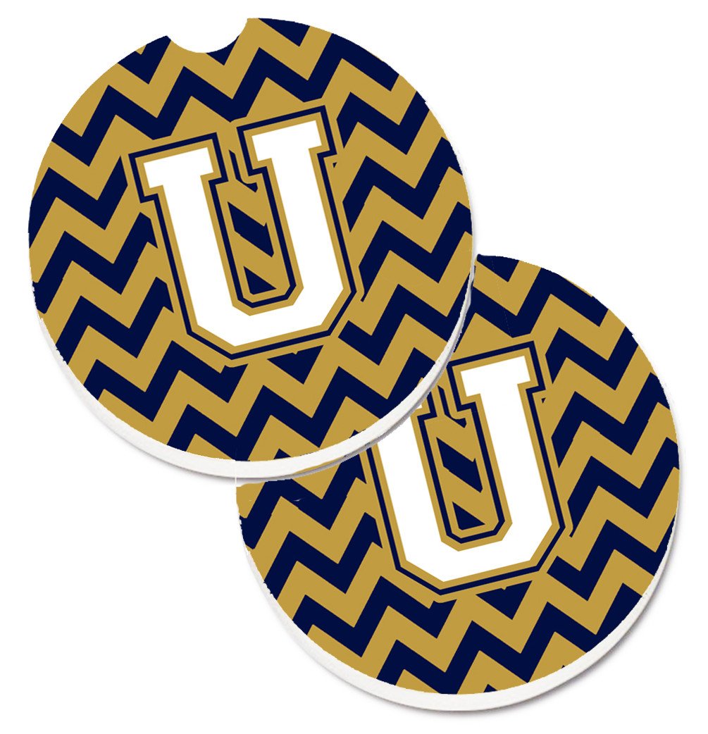 Letter U Chevron Navy Blue and Gold Set of 2 Cup Holder Car Coasters CJ1057-UCARC by Caroline&#39;s Treasures