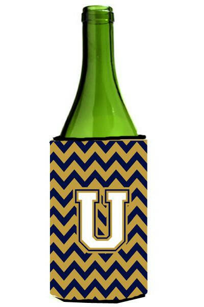 Letter U Chevron Navy Blue and Gold Wine Bottle Beverage Insulator Hugger CJ1057-ULITERK by Caroline&#39;s Treasures