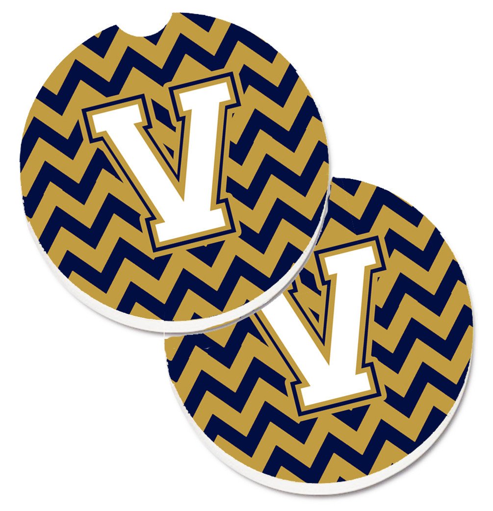 Letter V Chevron Navy Blue and Gold Set of 2 Cup Holder Car Coasters CJ1057-VCARC by Caroline&#39;s Treasures