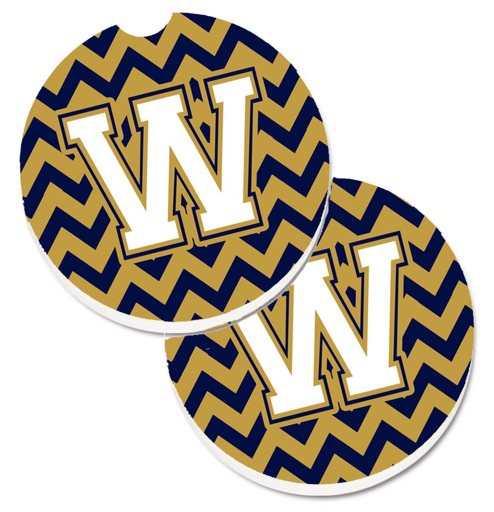 Letter W Chevron Navy Blue and Gold Set of 2 Cup Holder Car Coasters CJ1057-WCARC by Caroline&#39;s Treasures