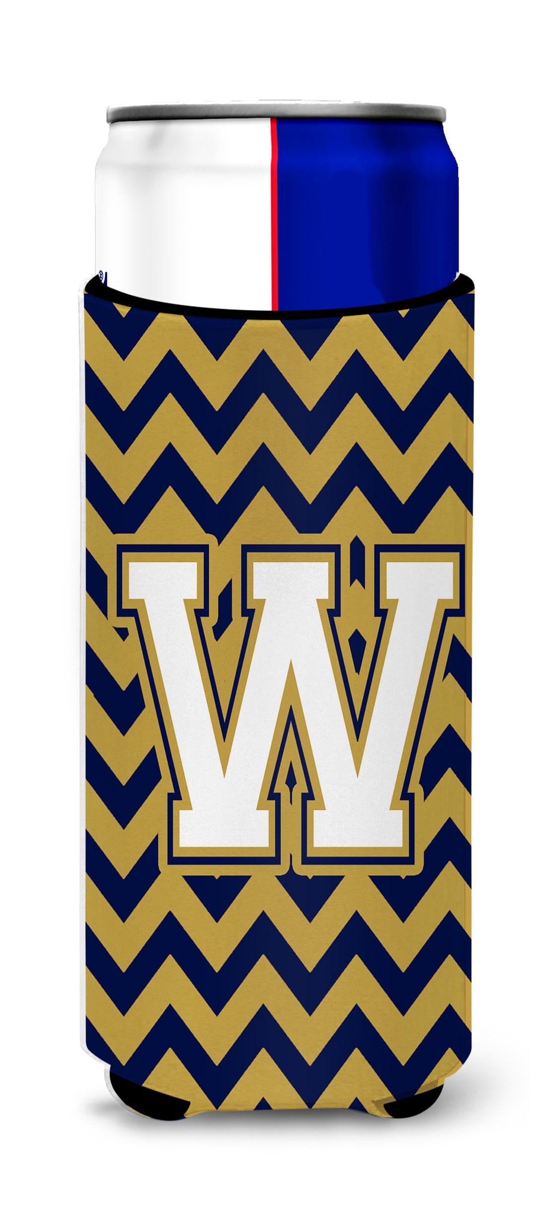 Letter W Chevron Navy Blue and Gold Ultra Beverage Insulators for slim cans CJ1057-WMUK