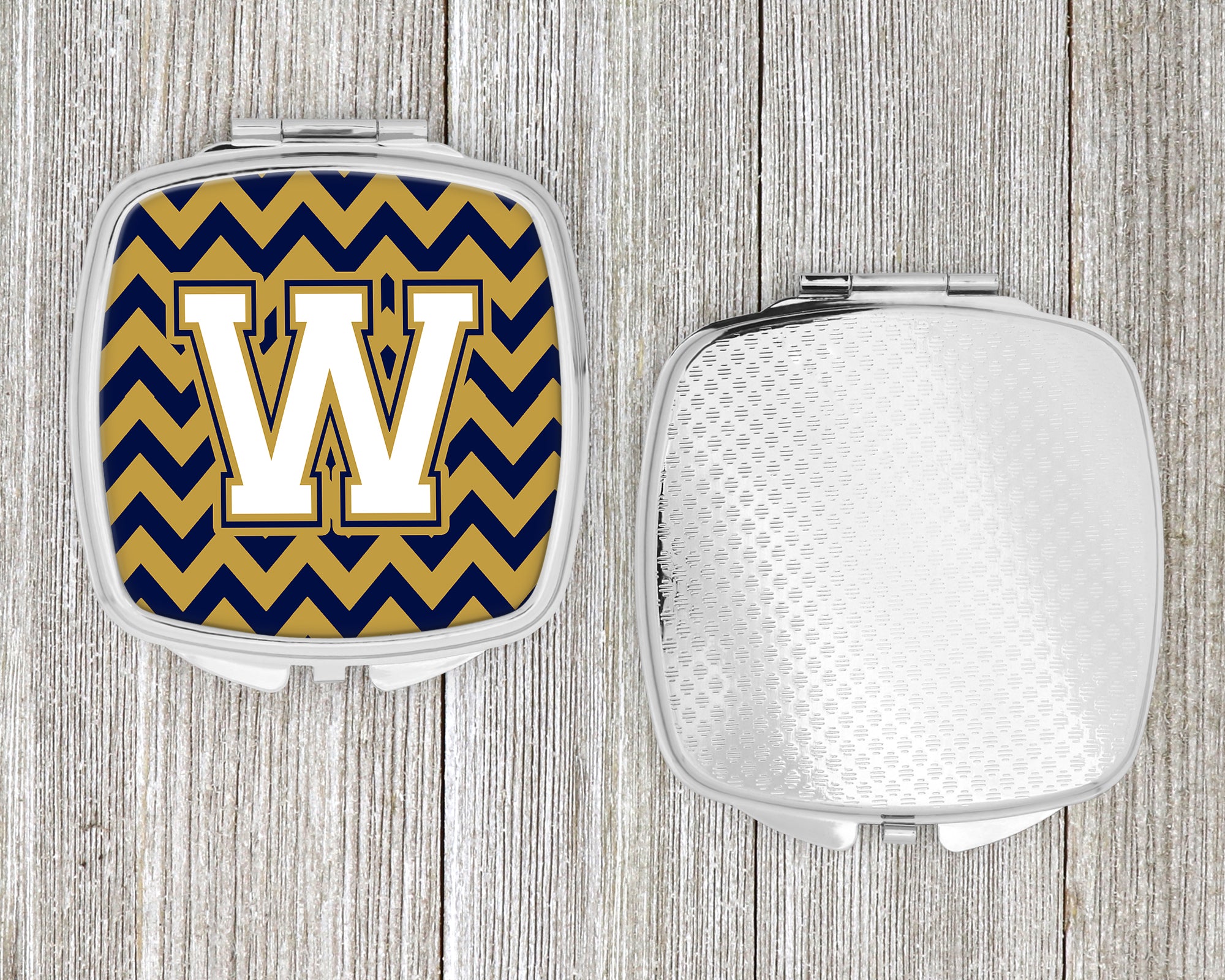 Letter W Chevron Navy Blue and Gold Compact Mirror CJ1057-WSCM  the-store.com.