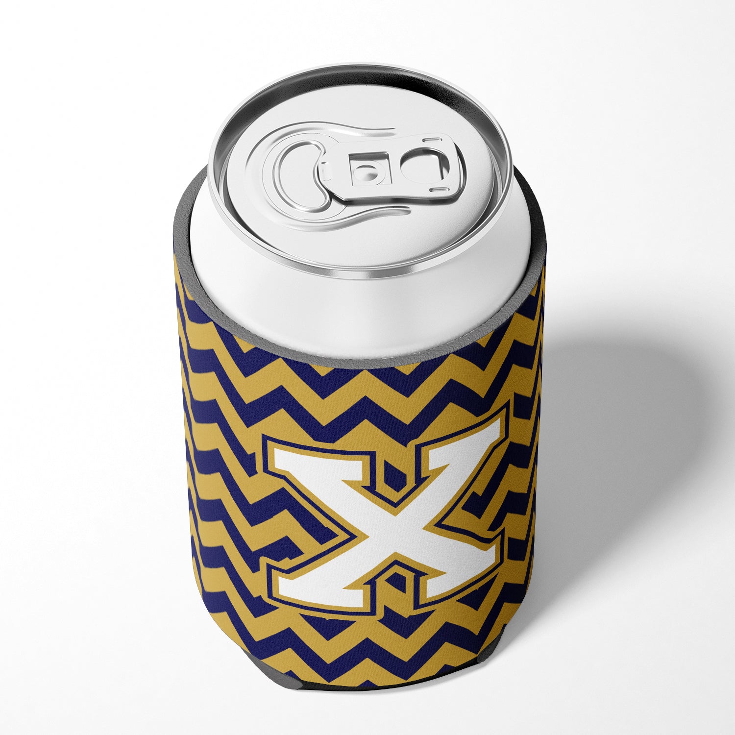 Letter X Chevron Navy Blue and Gold Can or Bottle Hugger CJ1057-XCC.