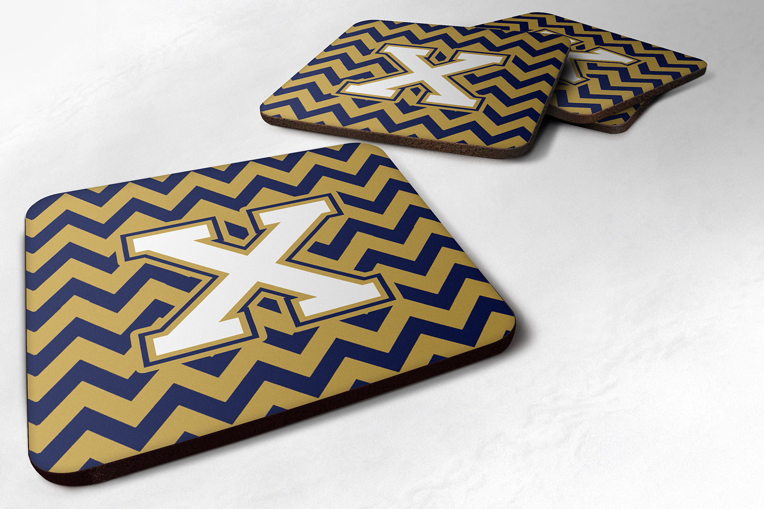 Letter X Chevron Navy Blue and Gold Foam Coaster Set of 4 CJ1057-XFC - the-store.com