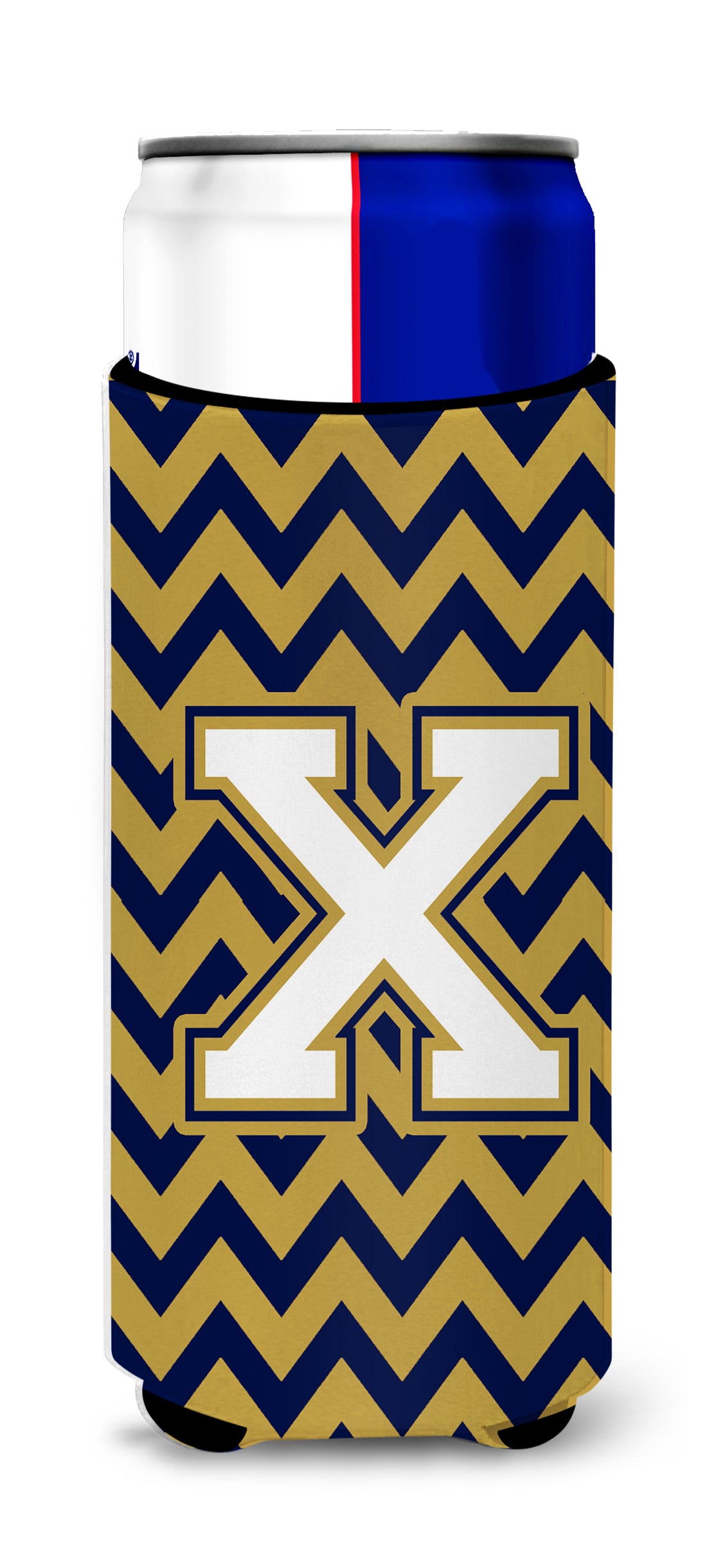 Letter X Chevron Navy Blue and Gold Ultra Beverage Insulators for slim cans CJ1057-XMUK.