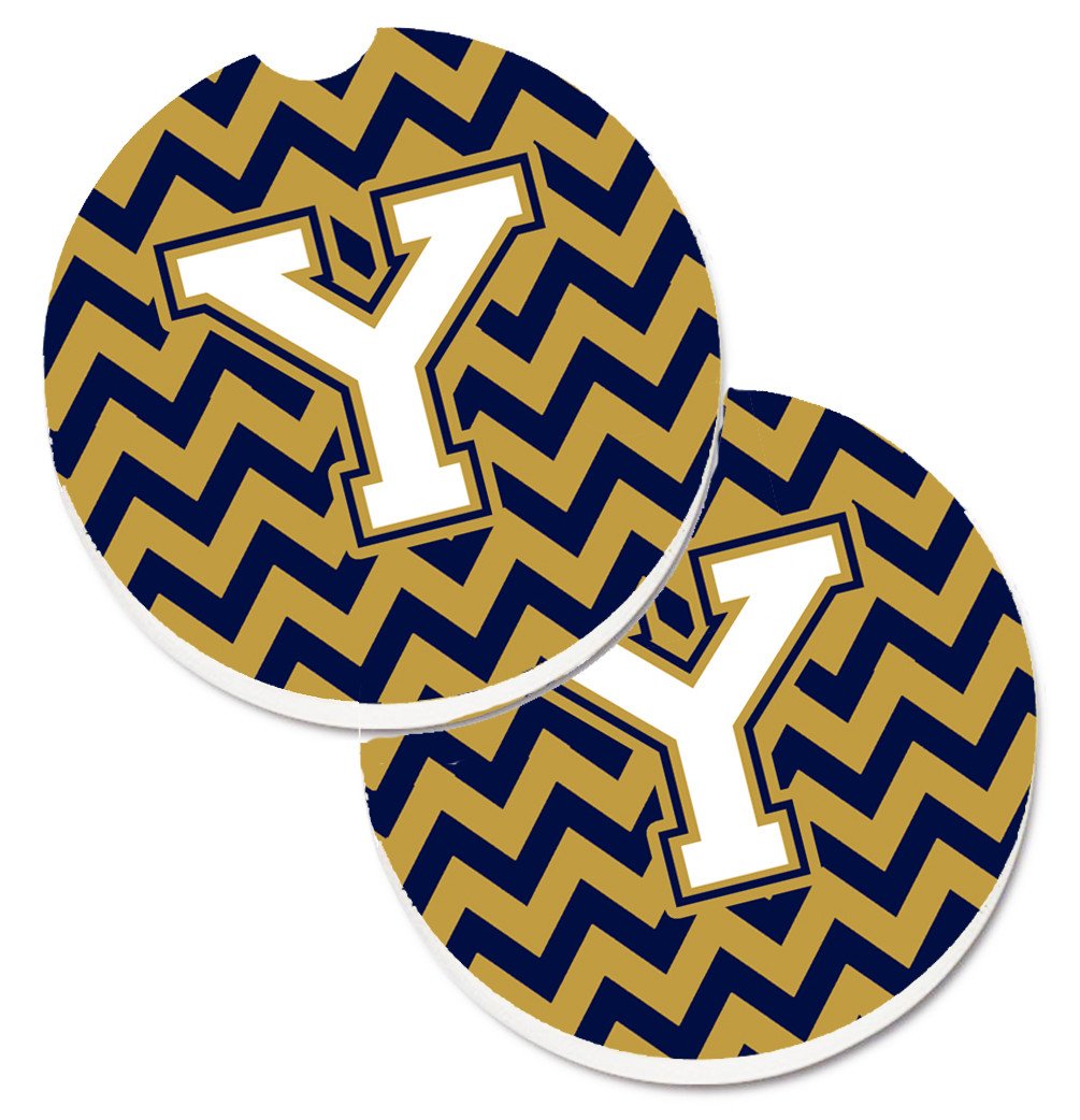 Letter Y Chevron Navy Blue and Gold Set of 2 Cup Holder Car Coasters CJ1057-YCARC by Caroline&#39;s Treasures