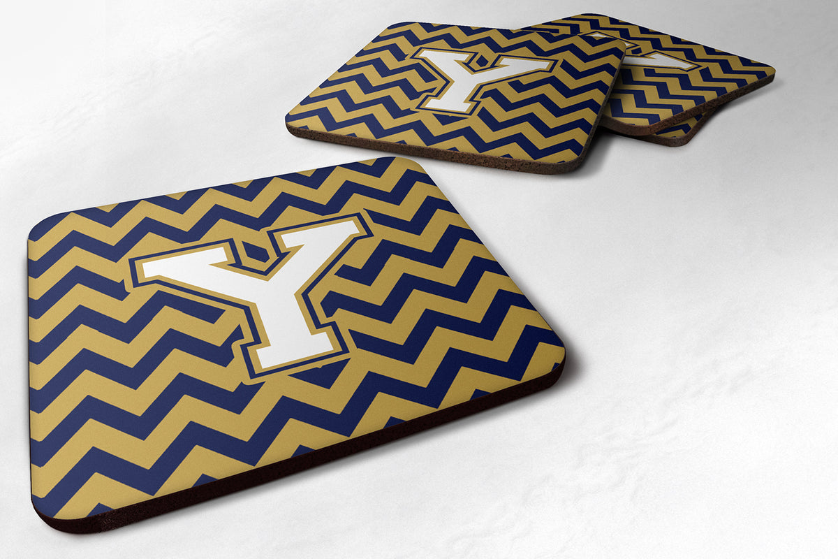 Letter Y Chevron Navy Blue and Gold Foam Coaster Set of 4 CJ1057-YFC - the-store.com