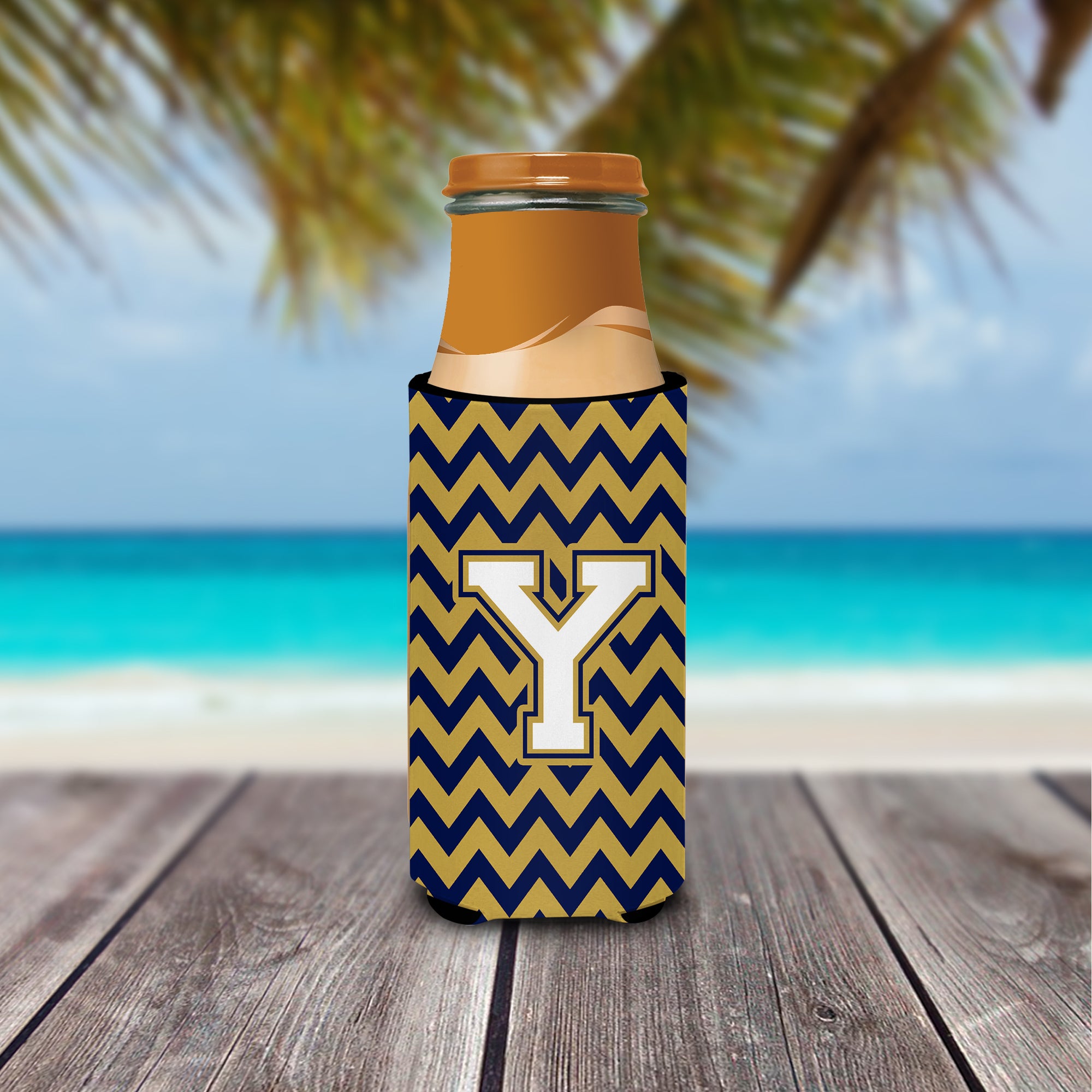 Letter Y Chevron Navy Blue and Gold Ultra Beverage Insulators for slim cans CJ1057-YMUK.