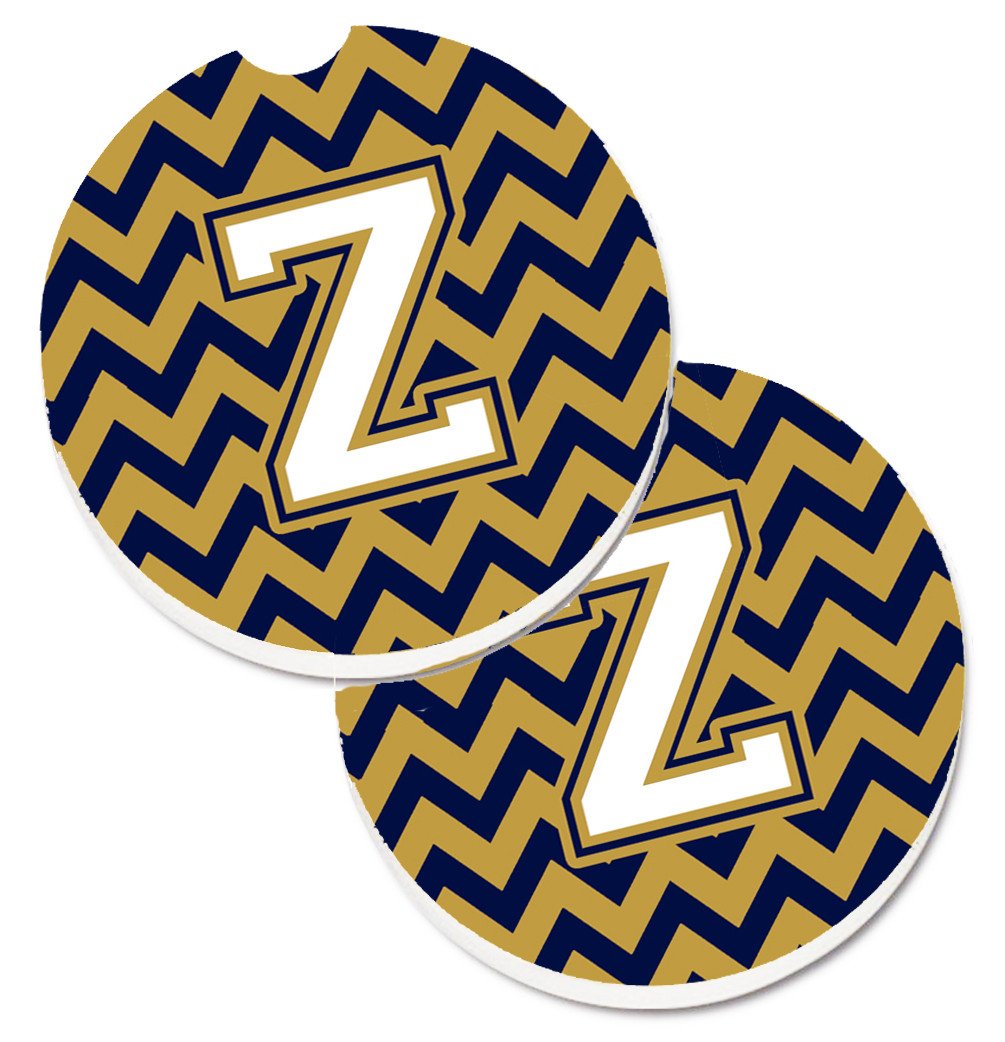 Letter Z Chevron Navy Blue and Gold Set of 2 Cup Holder Car Coasters CJ1057-ZCARC by Caroline&#39;s Treasures