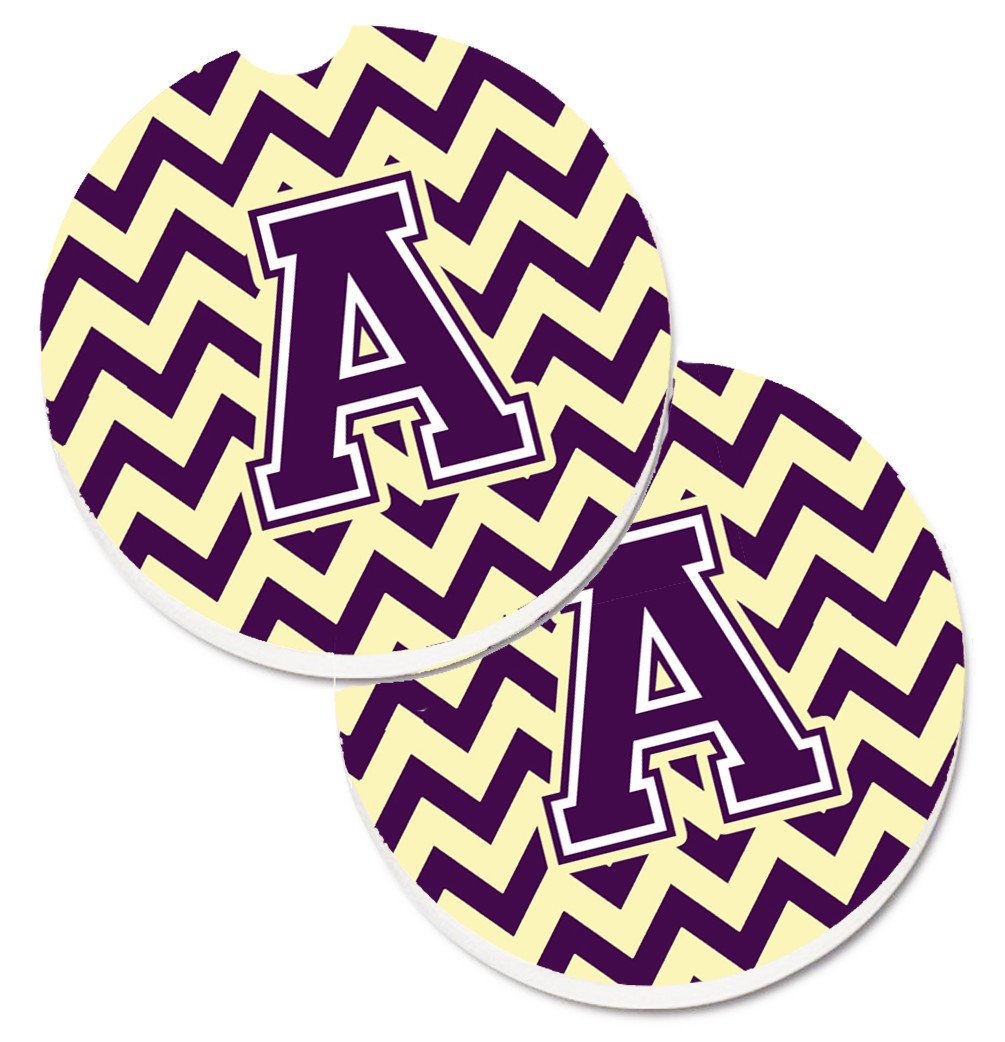 Letter A Chevron Purple and Gold Set of 2 Cup Holder Car Coasters CJ1058-ACARC by Caroline&#39;s Treasures