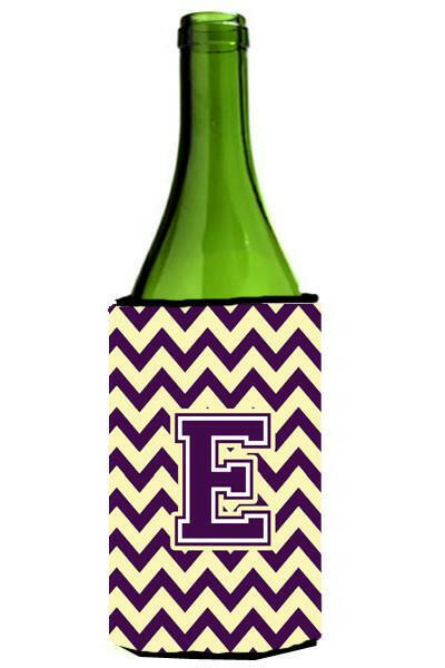 Letter E Chevron Purple and Gold Wine Bottle Beverage Insulator Hugger CJ1058-ELITERK by Caroline&#39;s Treasures