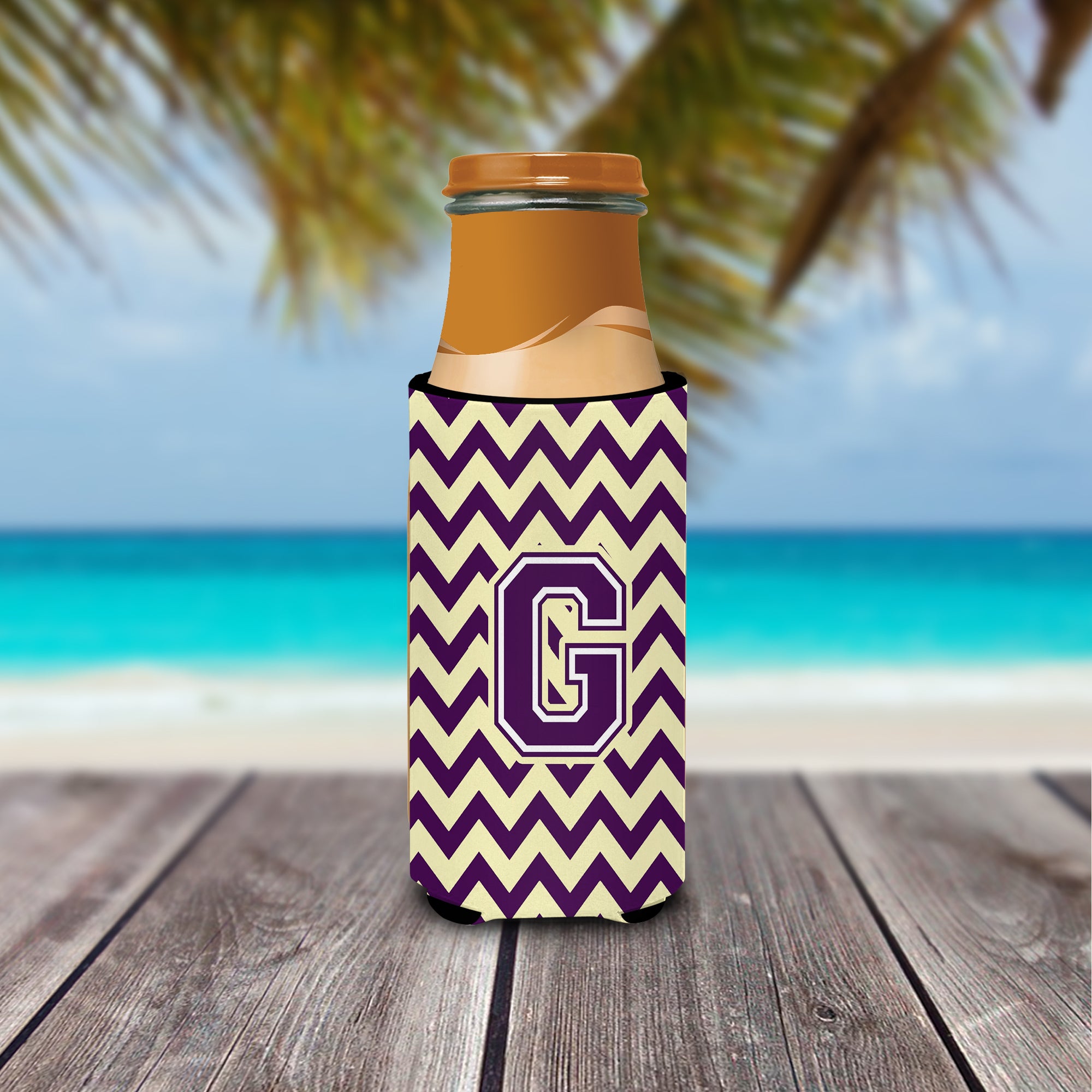 Letter G Chevron Purple and Gold Ultra Beverage Insulators for slim cans CJ1058-GMUK.