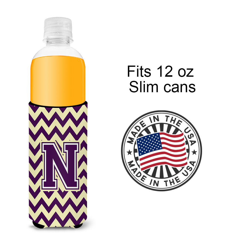 Letter N Chevron Purple and Gold Ultra Beverage Insulators for slim cans CJ1058-NMUK.