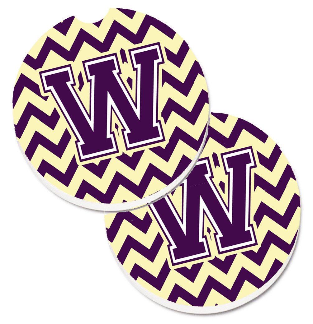 Letter W Chevron Purple and Gold Set of 2 Cup Holder Car Coasters CJ1058-WCARC by Caroline&#39;s Treasures