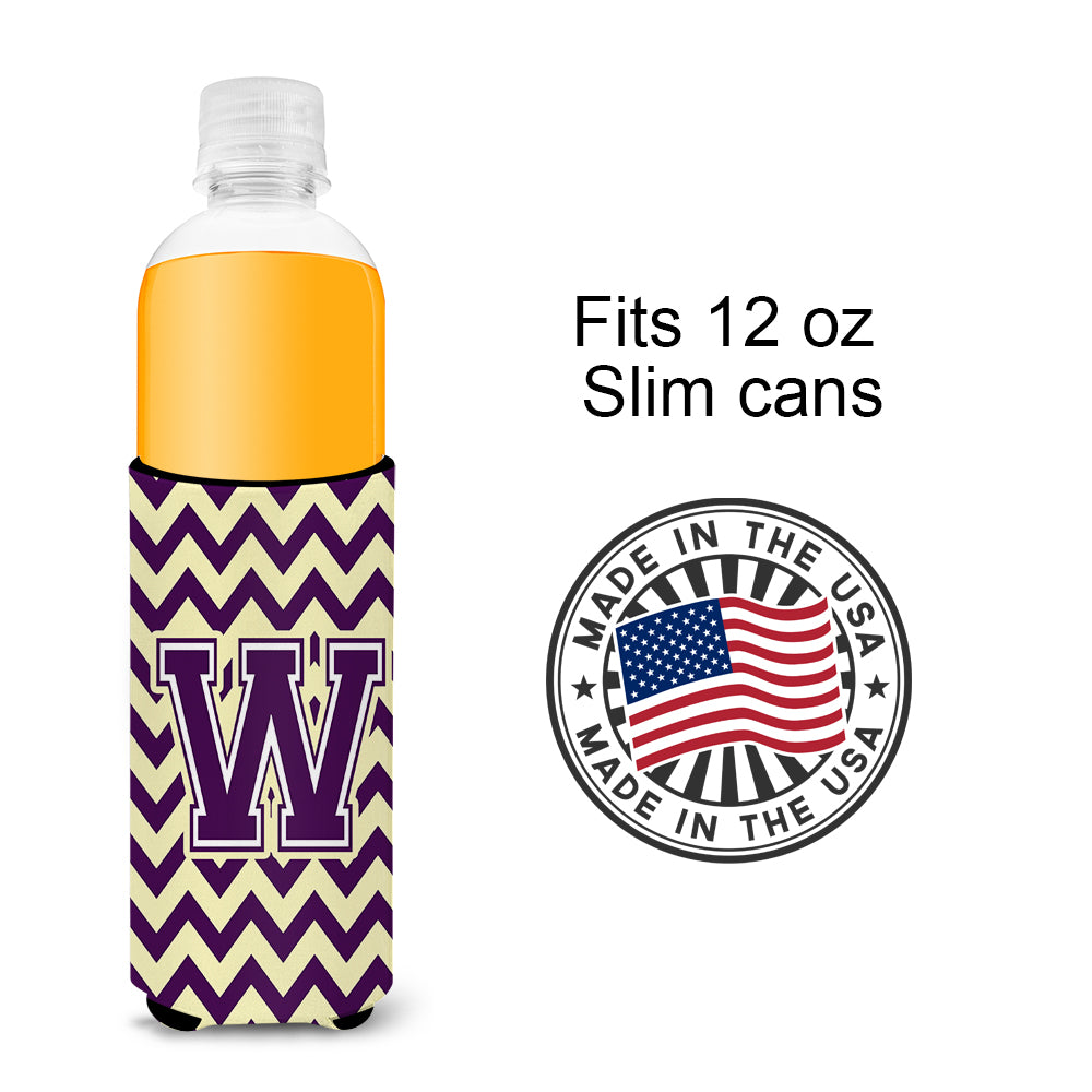 Letter W Chevron Purple and Gold Ultra Beverage Insulators for slim cans CJ1058-WMUK.