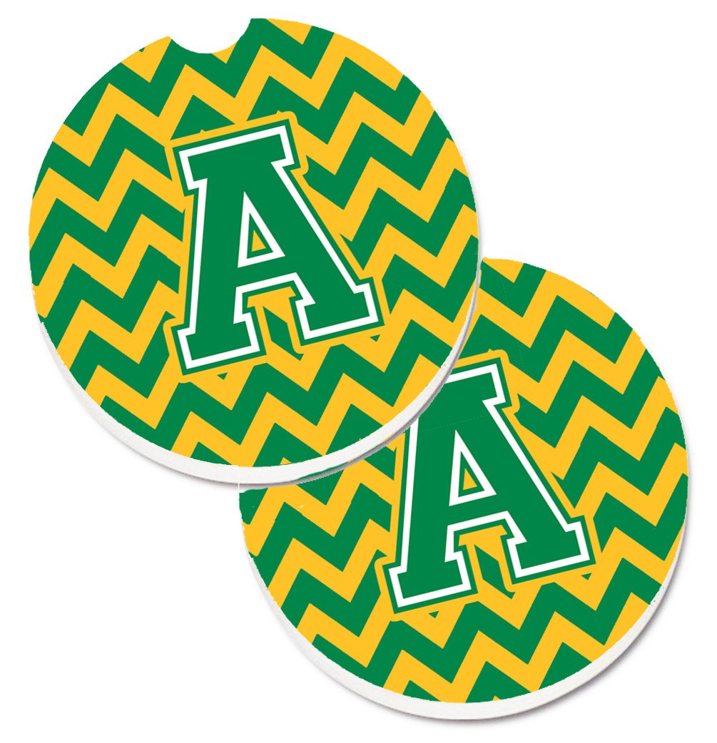 Letter A Chevron Green and Gold Set of 2 Cup Holder Car Coasters CJ1059-ACARC by Caroline&#39;s Treasures