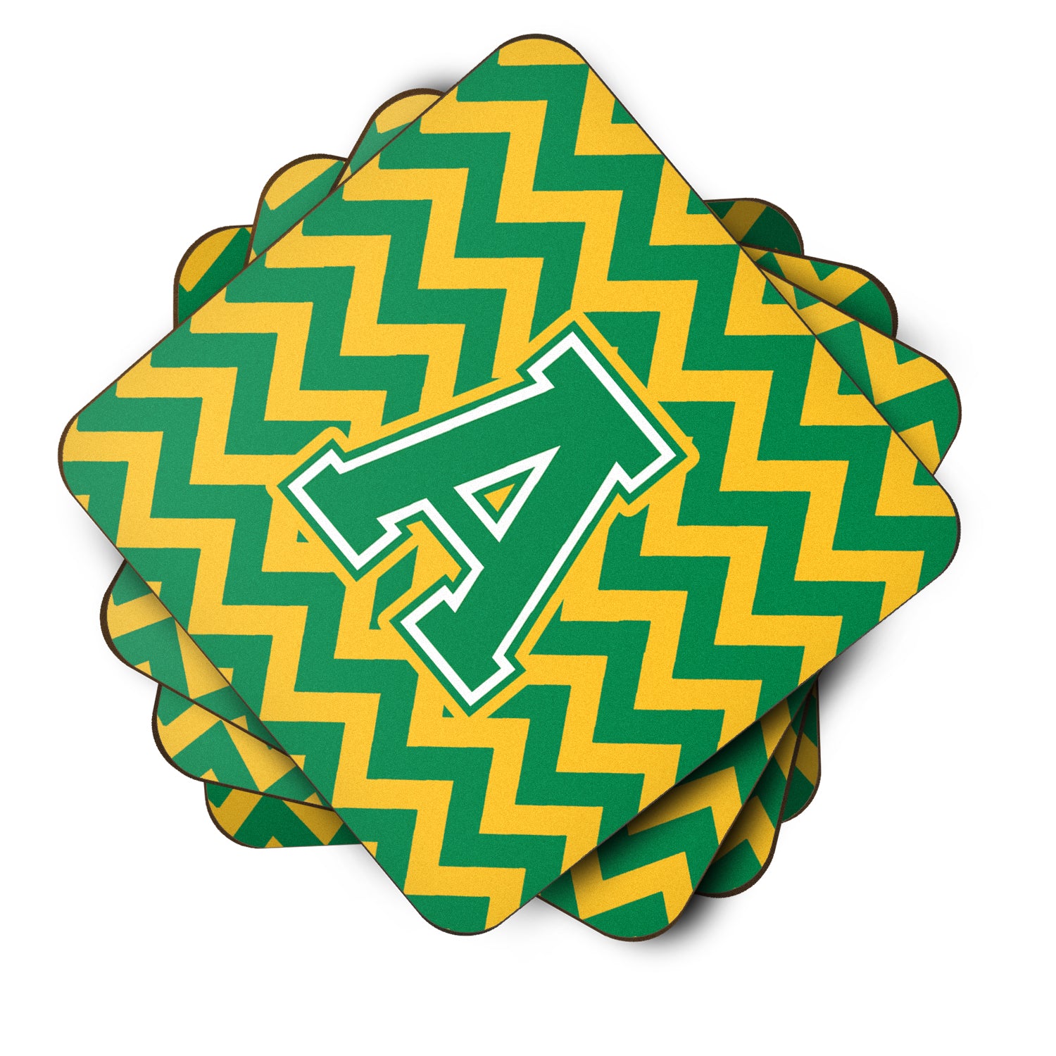 Letter A Chevron Green and Gold Foam Coaster Set of 4 CJ1059-AFC - the-store.com