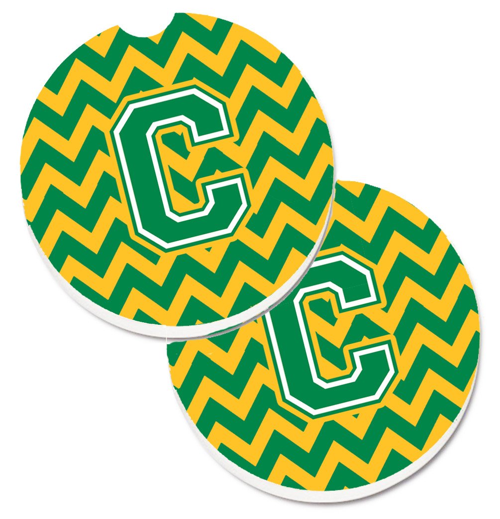 Letter C Chevron Green and Gold Set of 2 Cup Holder Car Coasters CJ1059-CCARC by Caroline's Treasures