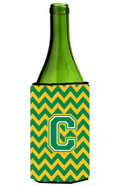 Letter C Chevron Green and Gold Wine Bottle Beverage Insulator Hugger CJ1059-CLITERK by Caroline&#39;s Treasures