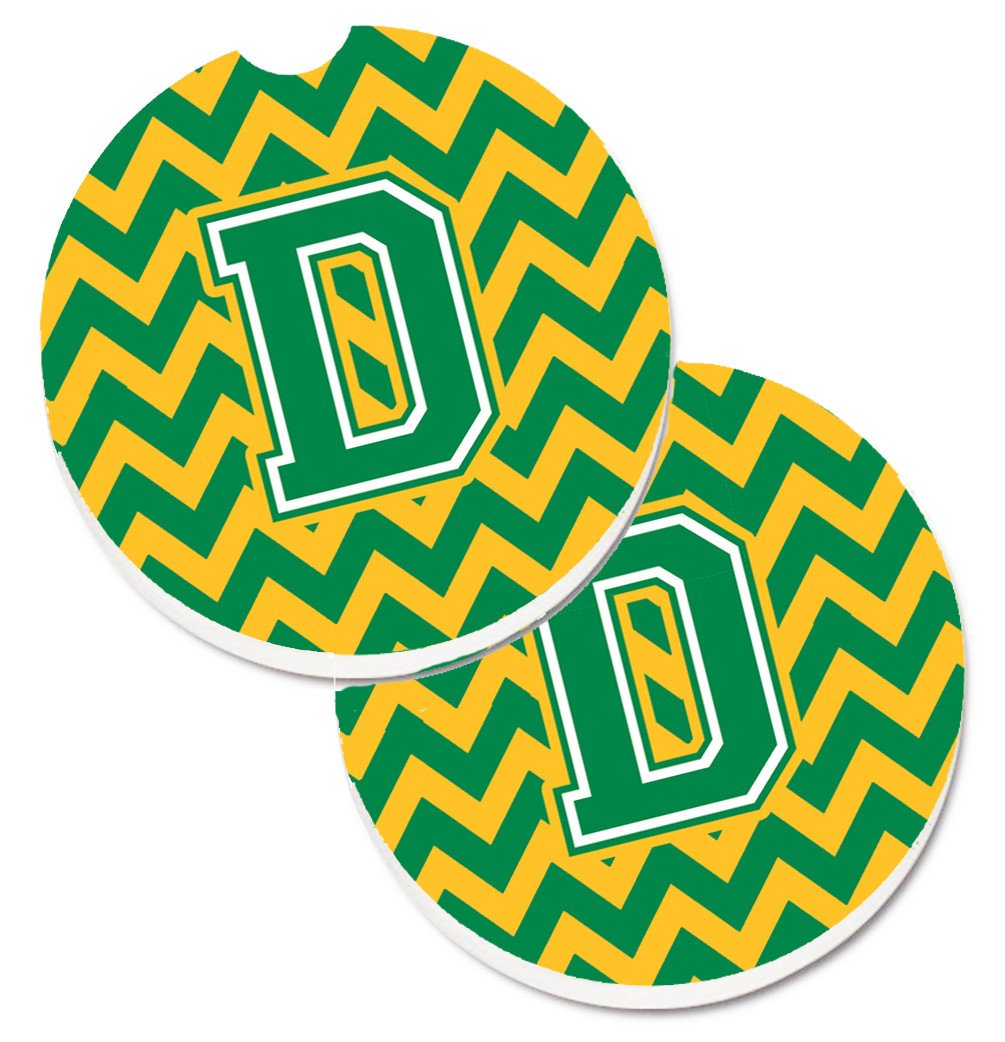 Letter D Chevron Green and Gold Set of 2 Cup Holder Car Coasters CJ1059-DCARC by Caroline&#39;s Treasures