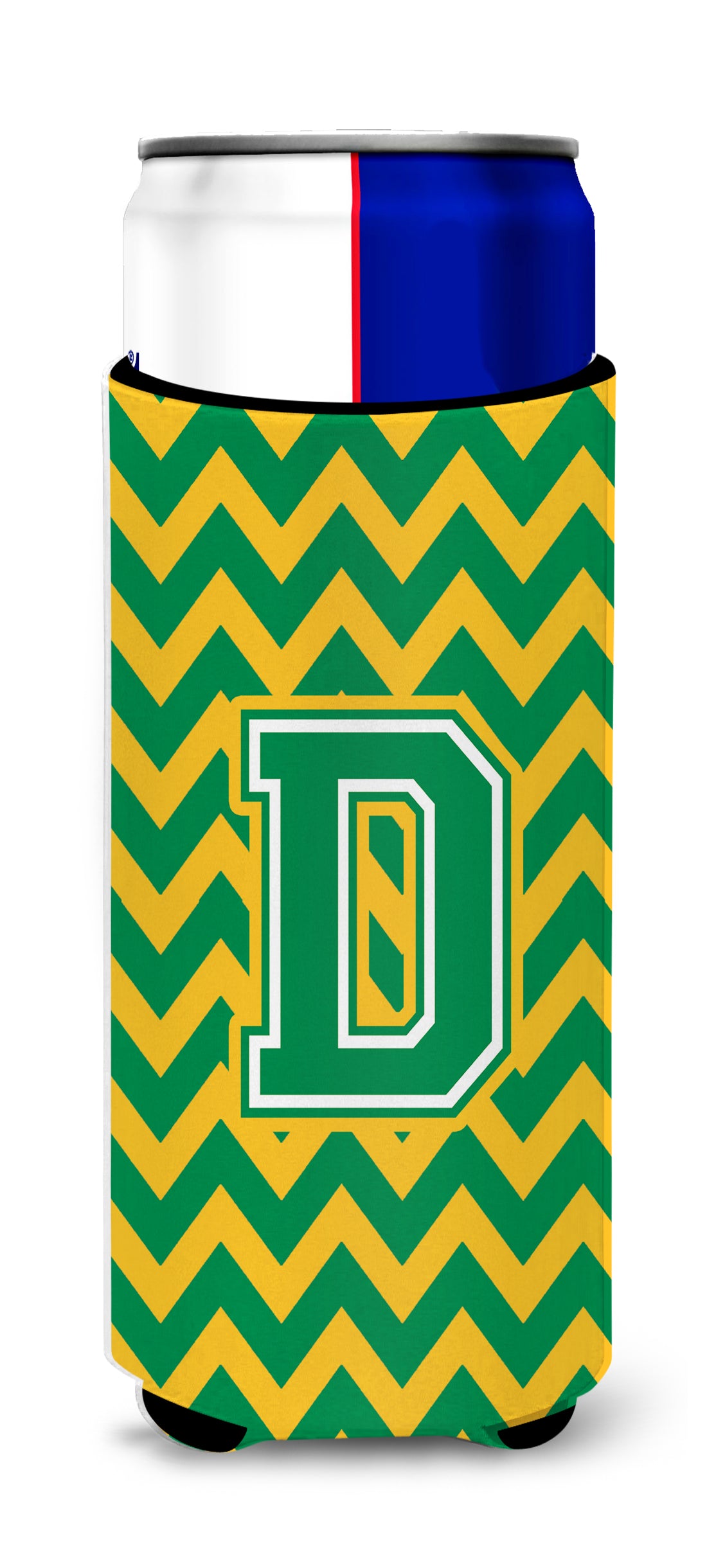 Letter D Chevron Green and Gold Ultra Beverage Insulators for slim cans CJ1059-DMUK