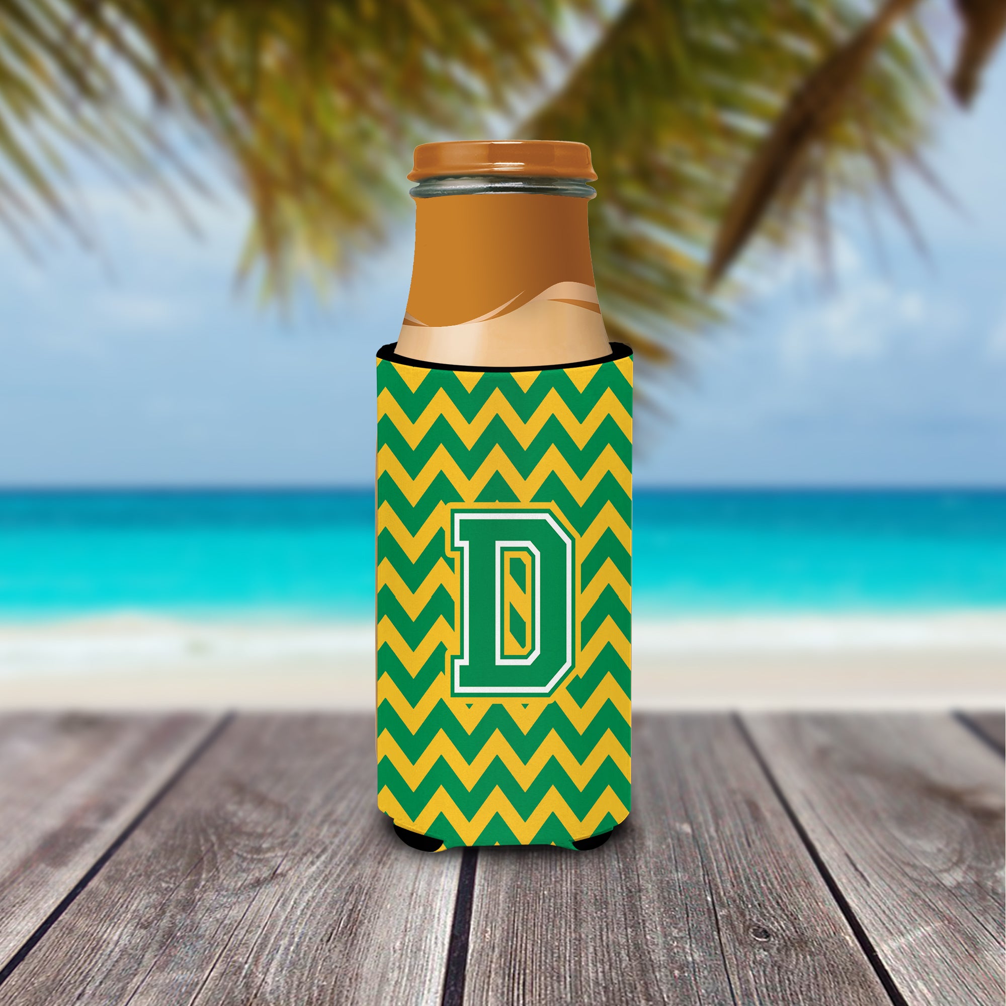 Letter D Chevron Green and Gold Ultra Beverage Insulators for slim cans CJ1059-DMUK.