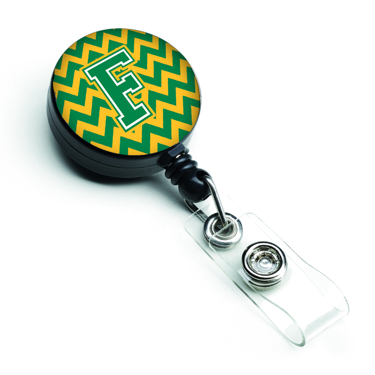Letter F Chevron Green and Gold Retractable Badge Reel CJ1059-FBR.