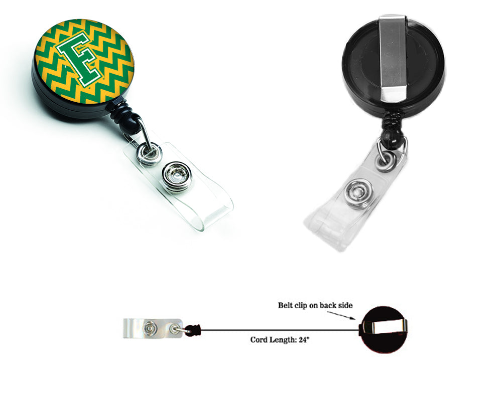 Letter F Chevron Green and Gold Retractable Badge Reel CJ1059-FBR.