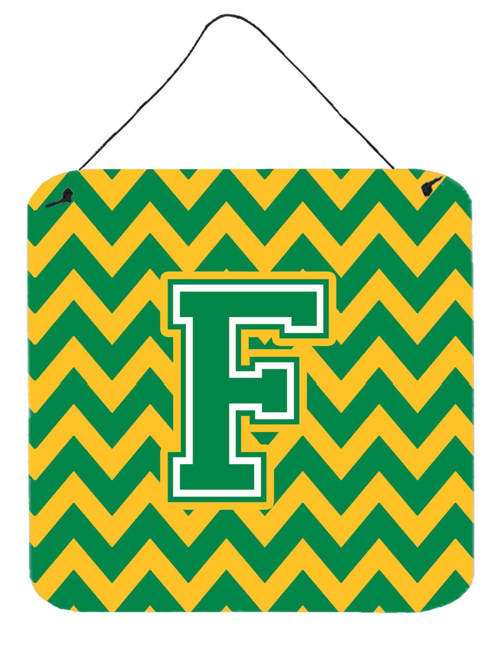 Letter F Chevron Green and Gold Wall or Door Hanging Prints CJ1059-FDS66 by Caroline&#39;s Treasures