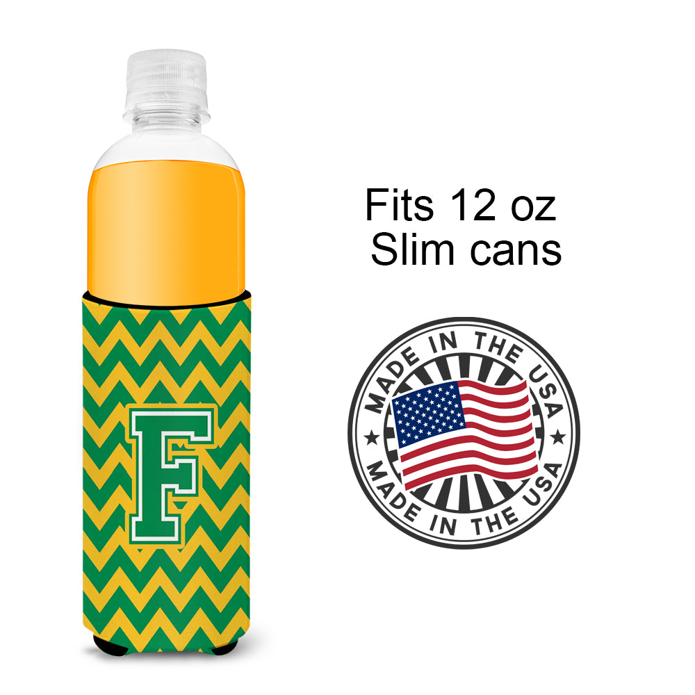 Letter F Chevron Green and Gold Ultra Beverage Insulators for slim cans CJ1059-FMUK.