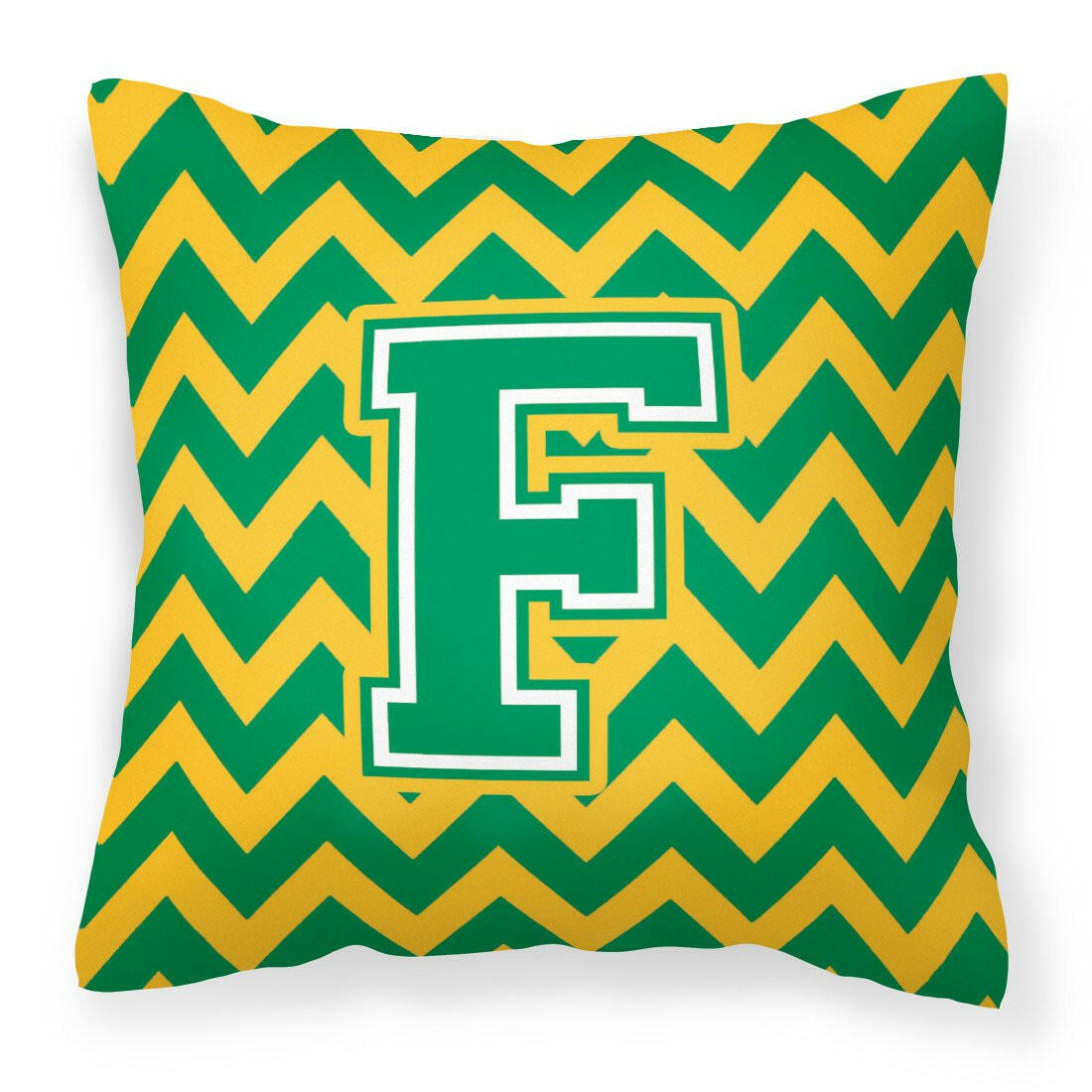 Letter F Chevron Green and Gold Fabric Decorative Pillow CJ1059-FPW1414 by Caroline&#39;s Treasures