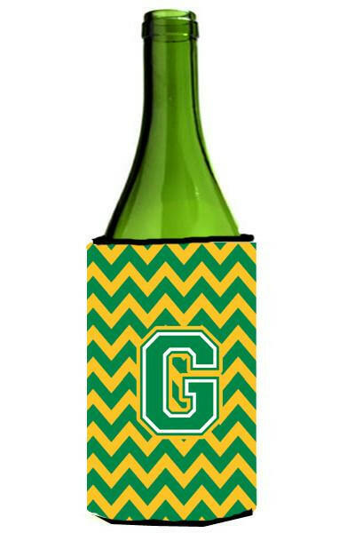 Letter G Chevron Green and Gold Wine Bottle Beverage Insulator Hugger CJ1059-GLITERK by Caroline&#39;s Treasures