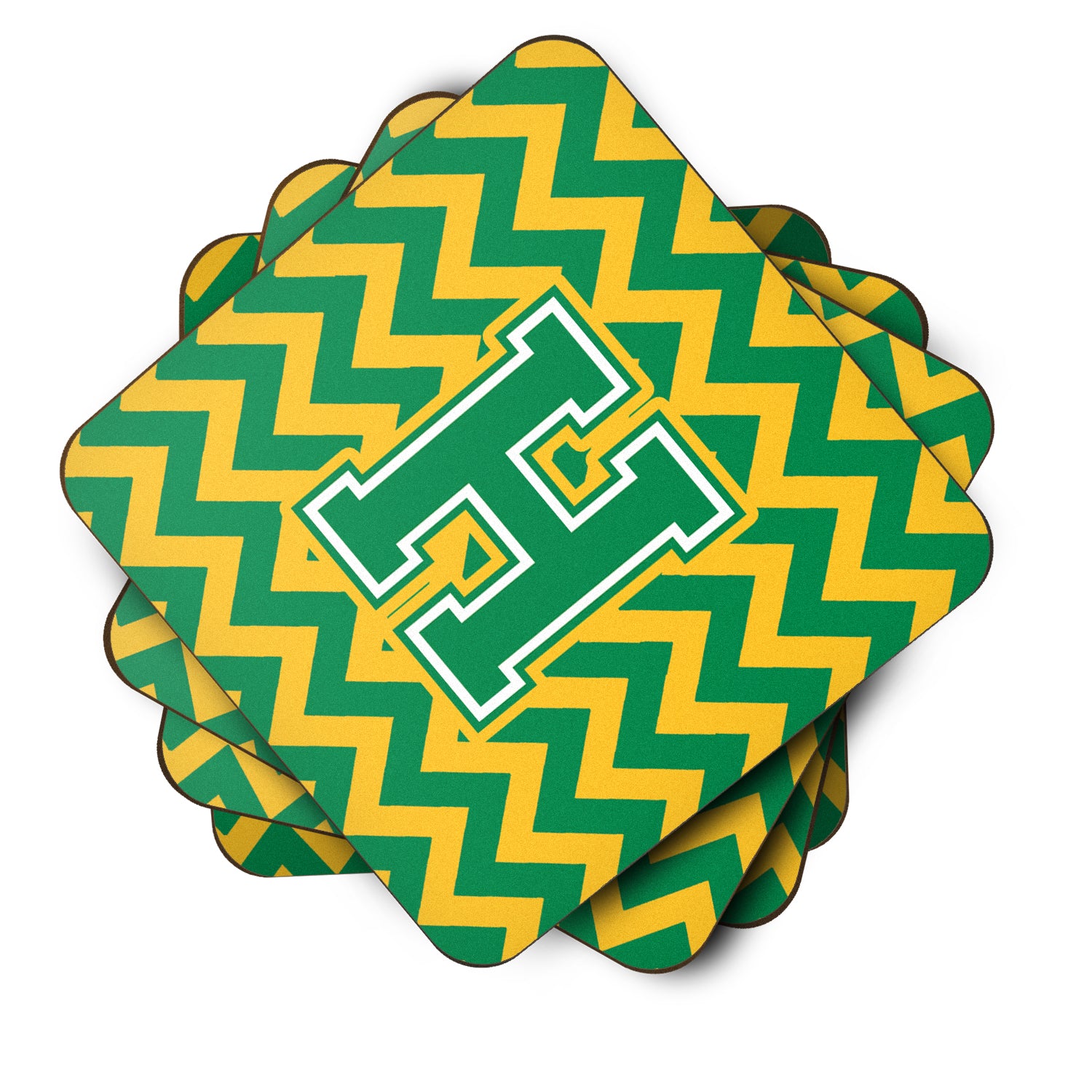 Letter H Chevron Green and Gold Foam Coaster Set of 4 CJ1059-HFC - the-store.com
