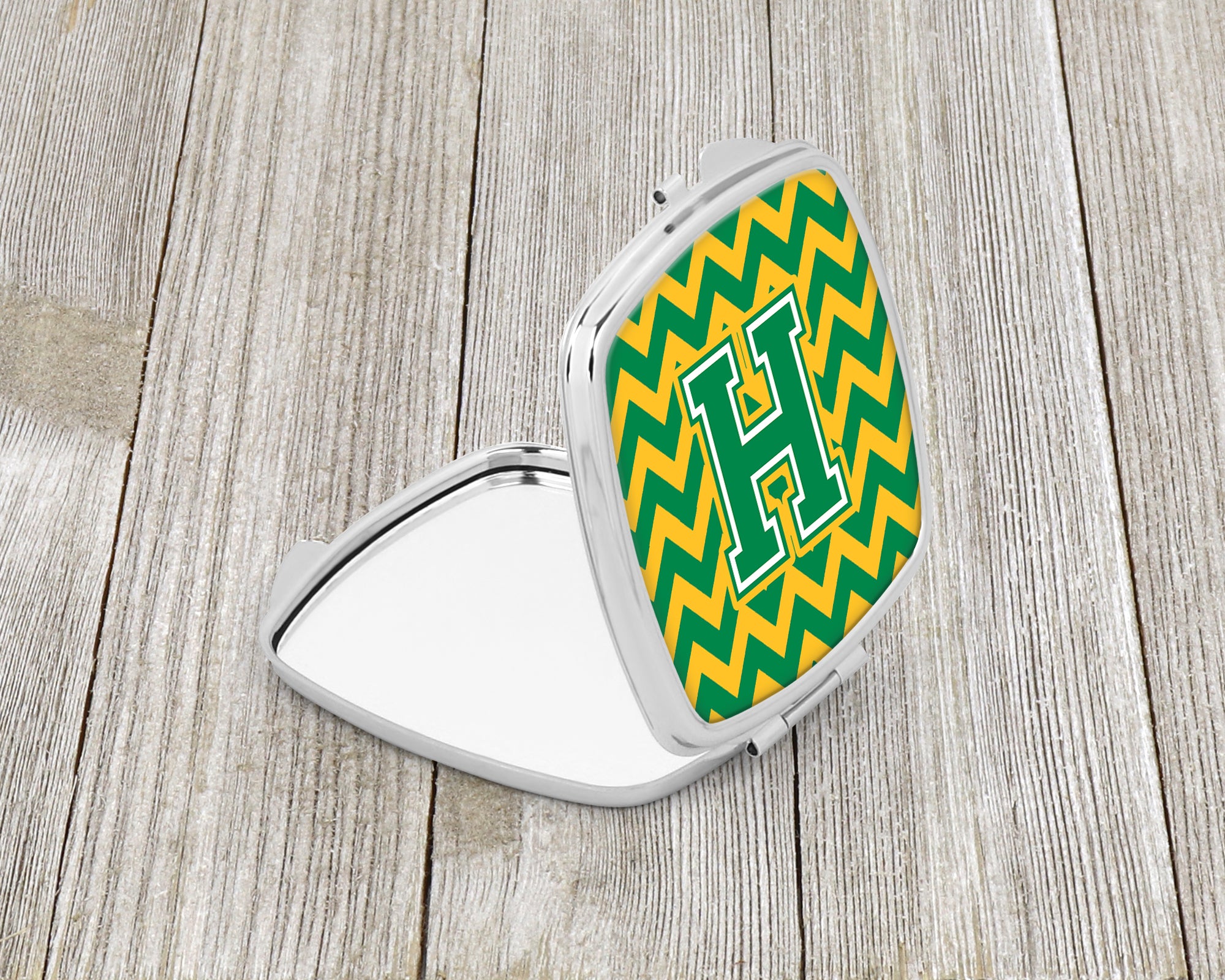 Letter H Chevron Green and Gold Compact Mirror CJ1059-HSCM  the-store.com.