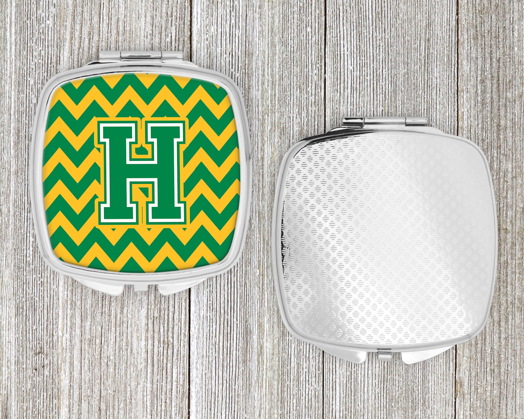 Letter H Chevron Green and Gold Compact Mirror CJ1059-HSCM