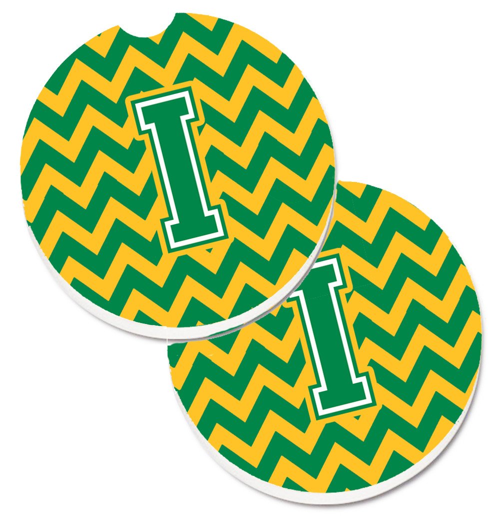 Letter I Chevron Green and Gold Set of 2 Cup Holder Car Coasters CJ1059-ICARC by Caroline&#39;s Treasures