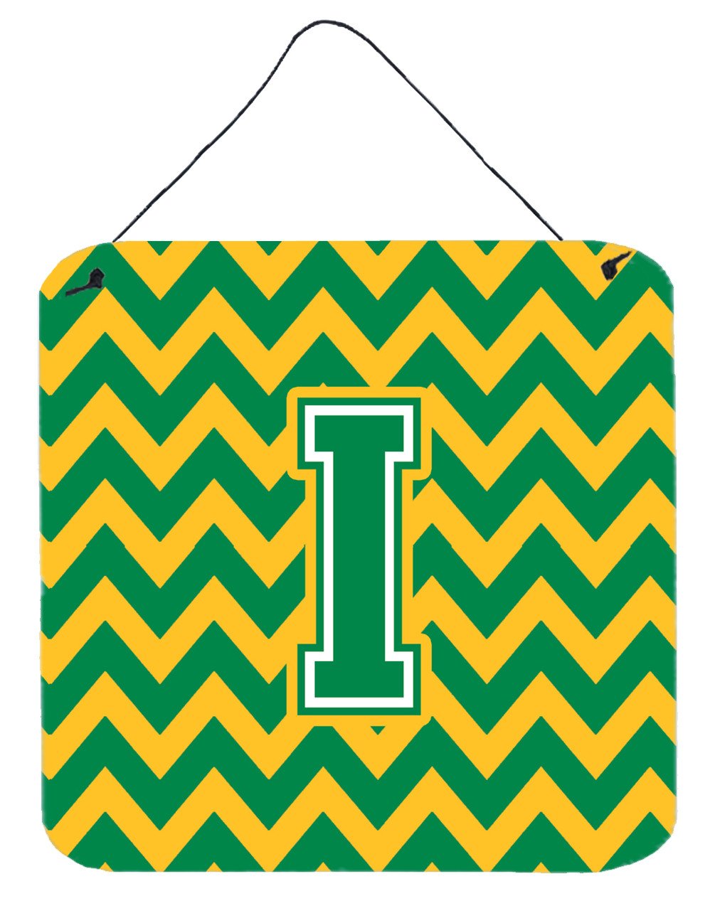 Letter I Chevron Green and Gold Wall or Door Hanging Prints CJ1059-IDS66 by Caroline&#39;s Treasures