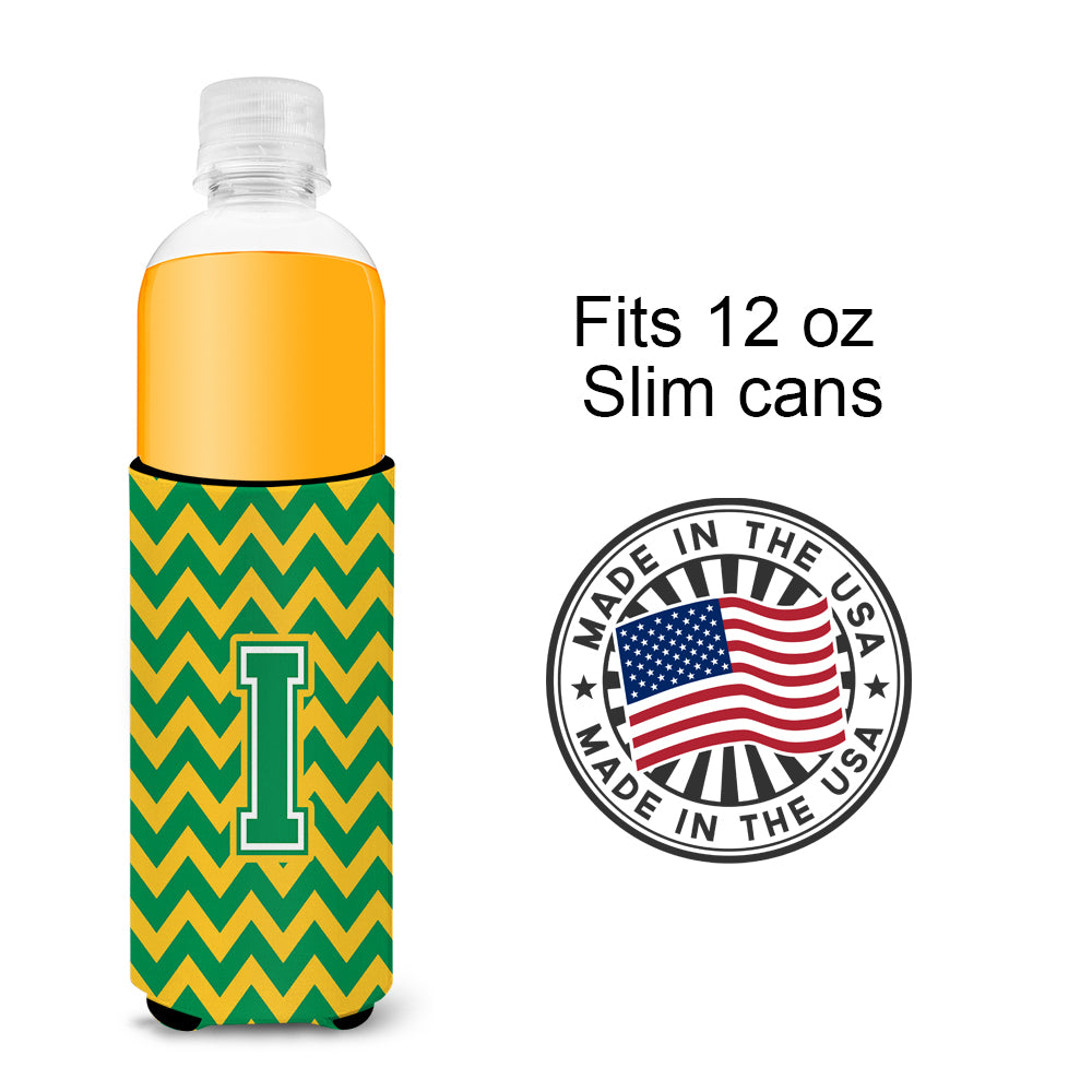 Letter I Chevron Green and Gold Ultra Beverage Insulators for slim cans CJ1059-IMUK.