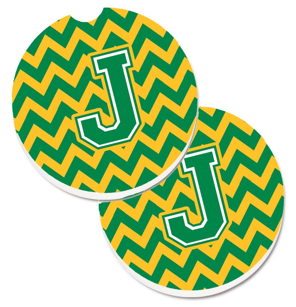 Letter J Chevron Green and Gold Set of 2 Cup Holder Car Coasters CJ1059-JCARC by Caroline&#39;s Treasures