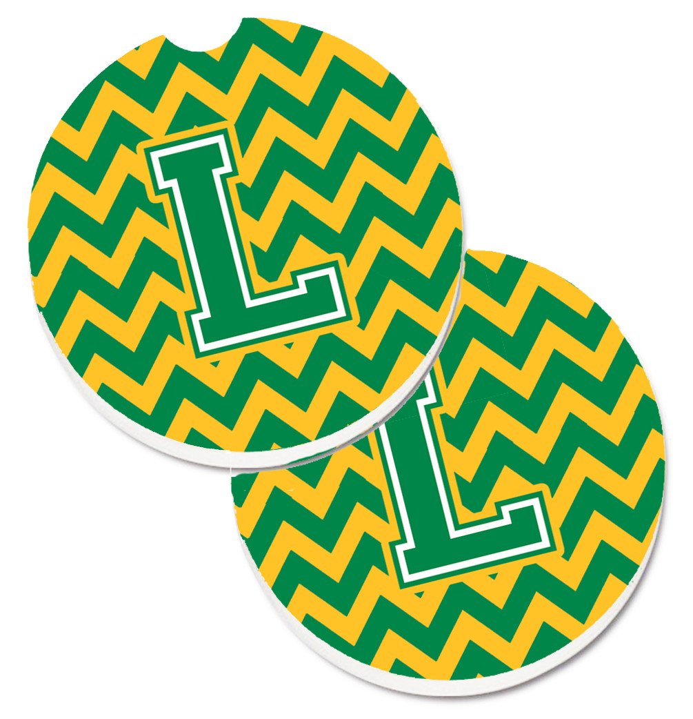 Letter L Chevron Green and Gold Set of 2 Cup Holder Car Coasters CJ1059-LCARC by Caroline&#39;s Treasures