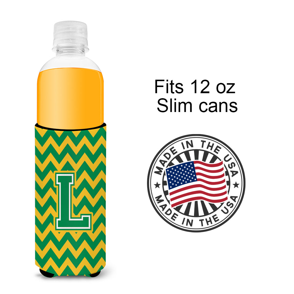 Letter L Chevron Green and Gold Ultra Beverage Insulators for slim cans CJ1059-LMUK.