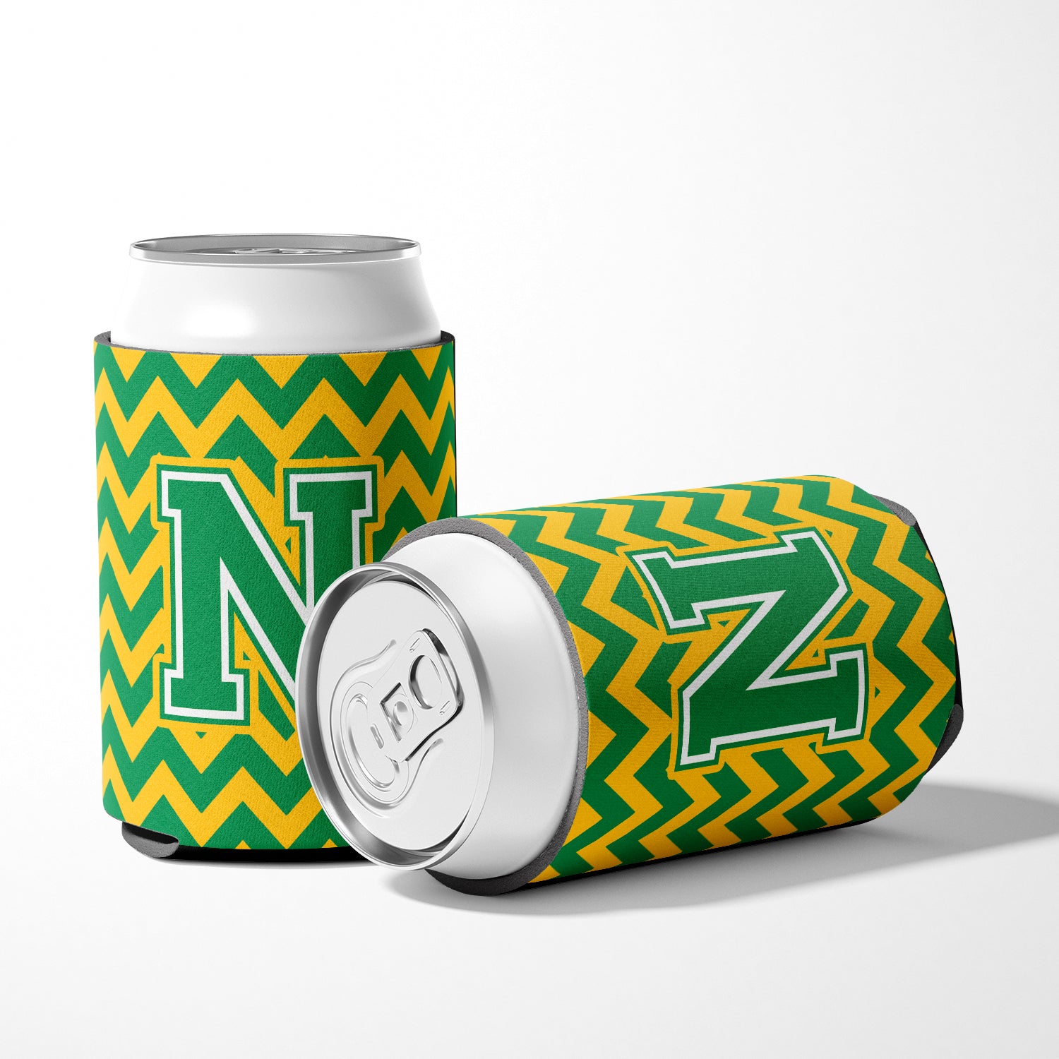 Letter N Chevron Green and Gold Can or Bottle Hugger CJ1059-NCC.